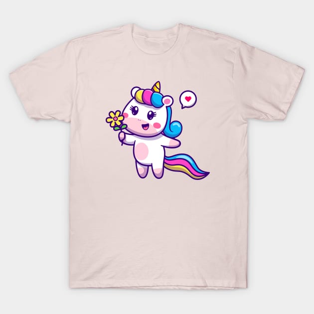 Cute Unicorn Holding Flower Cartoon T-Shirt by Catalyst Labs